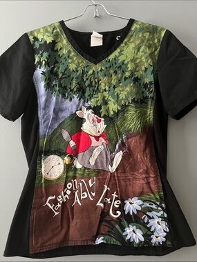 Disney Black Short Sleeve Tee with Colorful White Rabbit Graphic